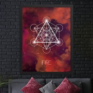 Fire Element in Metatron&#39;s Cube Poster, Alchemy Symbols, Sacred Geometry Wall Art, Astrology Wall Art, Art Print, Instant Digital Download