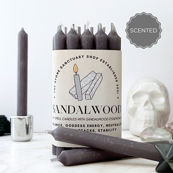 Sandalwood Gray Spell Candles, 5" Sandalwood Scented Grey Chime Candles, Witch Candles, Ritual Altar Candles, Bulk Candles for Magic