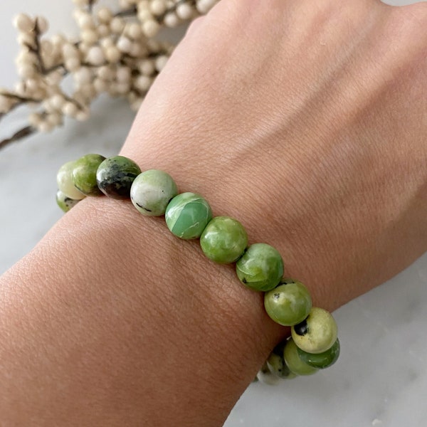 8mm Chrysoprase Beaded Bracelet | Polished Chrysoprase Gemstone Bead Stretch Bracelet | Shop Metaphysical Crystal Jewelry for Heart Chakra