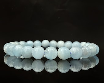 Aquamarine Beaded Bracelet | 6-8mm Polished Aquamarine Gemstone Bead Stretch Bracelet | Shop Metaphysical Crystal Jewelry for Throat Chakra