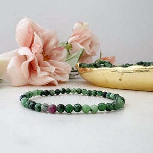 4mm Ruby Zoisite Beaded Bracelet | Polished Ruby Zoisite Gemstone Bead Stretch Bracelet | Anyolite | Shop Green Metaphysical Crystals