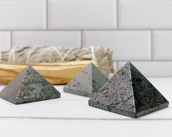 1" Mini Hematite Crystal Pyramid | Small Natural Hematite Pyramid for Meditation, Crystal Grids, Root Chakra | Shop Metaphysical Crystals