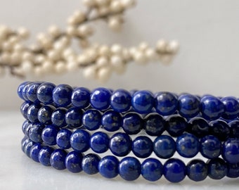 4mm Lapis Lazuli Beaded Bracelet | Polished Lapis Lazuli Gemstone Bead Stretch Bracelet | Shop Metaphysical Crystal Bracelets for Third Eye