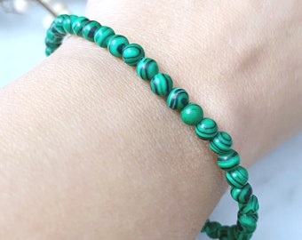 4mm Malachite Beaded Bracelet | Polished Synthetic Malachite Gemstone Bead Stretch Bracelet | Shop Green Metaphysical Jewelry Heart Chakra