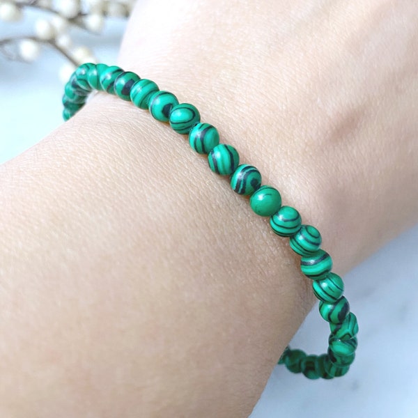 4mm Malachite Beaded Bracelet | Polished Synthetic Malachite Gemstone Bead Stretch Bracelet | Shop Green Metaphysical Jewelry Heart Chakra