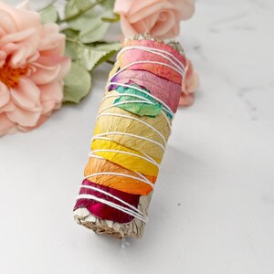 4" White Sage & Chakra Rose Petals Smudge Stick Incense Wand for Smoke Cleansing, Chakras, Reiki, Spitual Work, Rituals