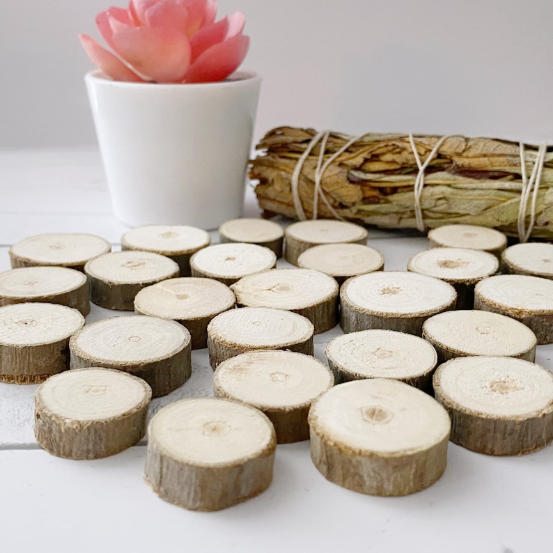 May include: A collection of small, round, wooden slices, perfect for crafting or decorating. The slices are natural wood with a light brown color and have a rough, textured surface.