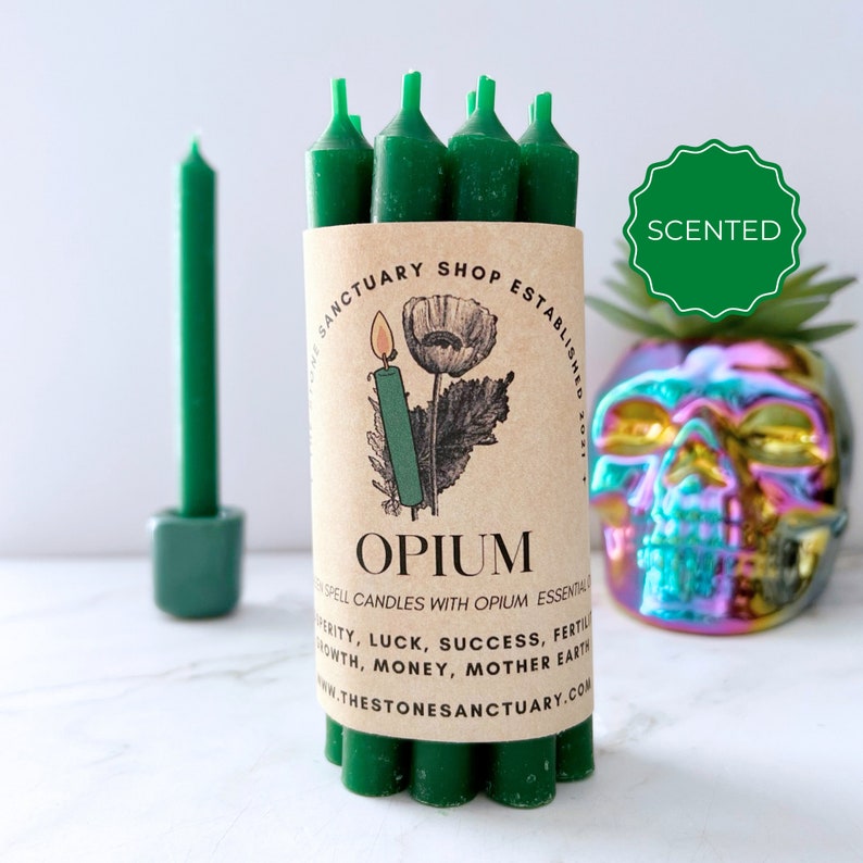 Opium Green Spell Candles, 5" Green Chime Candles, Witch Candles, Ritual Candle, Small Bulk Candles, Green Candles for Spellwork image 2