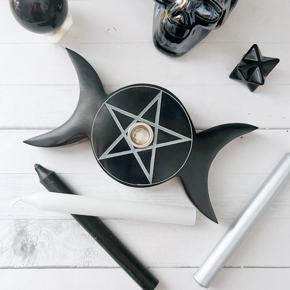 Soapstone Mini Candle Holder Triple Moon w/ Pentacle Soapstone Mini Candle Holder Triple Moon w/ Pentacle