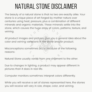 May include: Natural stone disclaimer explaining that each stone is unique and may vary in color, pattern, and veining. The text also mentions that product images are for general reference and may not accurately represent the actual stone.