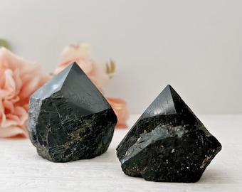 Black Tourmaline Polished Top | Black Tourmaline Point w/Rough Edge & Cut Base | Shop Metaphysical Crystals for Root Chakra