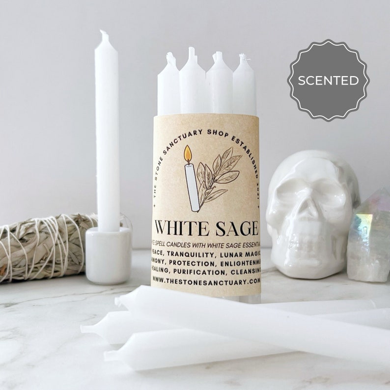 White Sage White Spell Candles, 5 Scented White Sage Chime Candles, Witch Candles, Ritual Candles, Small Bulk Candles, Candles for Peace image 1