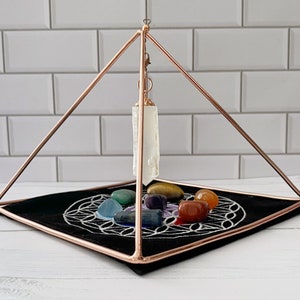6&quot; Copper Pyramid Energizer w/ Quartz Point and Mat | Hanging Copper Charging Pyramid | Energizing & Healing Pyramid | Crystal Healing