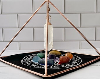 6" Copper Pyramid Energizer w/ Quartz Point and Mat | Hanging Copper Charging Pyramid | Energizing & Healing Pyramid | Crystal Healing