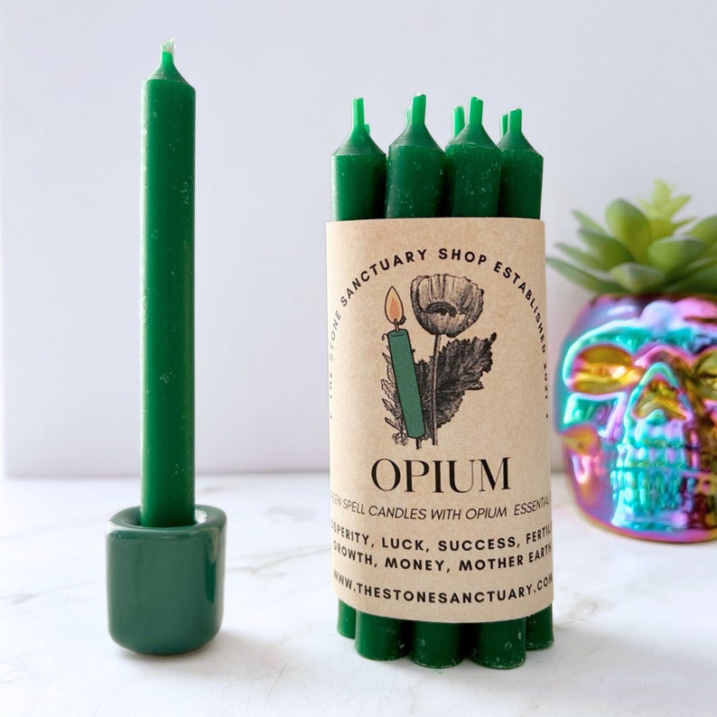 Opium Green Spell Candles, 5" Green Chime Candles, Witch Candles, Ritual Candle, Small Bulk Candles, Green Candles for Spellwork image 3
