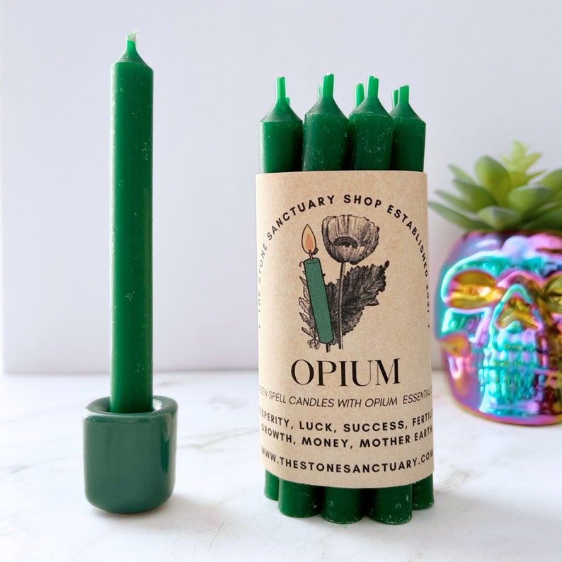 Opium Green Spell Candles, 5 Green Chime Candles, Witch Candles, Ritual Candle, Small Bulk Candles, Green Candles for Spellwork image 3