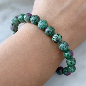 8mm Ruby Zoisite Beaded Bracelet | Polished Ruby Zoisite Gemstone Bead Stretch Bracelet, Anyolite | Shop Green Metaphysical Crystal Bracelet