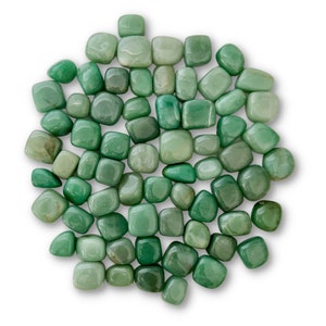 May include: A collection of smooth, green tumbled stones. The stones are various sizes and shapes, and they are arranged in a circle on a white background.