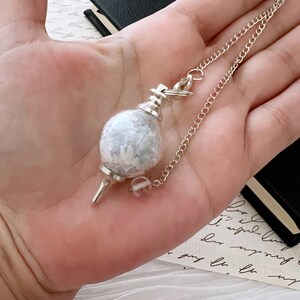 Angelite & Selenite Pendulum | Round Glass Sephoroton Pendulum w/Angelite and Selenite Chips | Sephiroth Dowsing Pendulum image 2