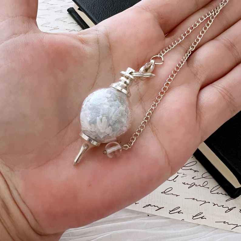 Angelite & Selenite Pendulum | Round Glass Sephoroton Pendulum w/Angelite and Selenite Chips | Sephiroth Dowsing Pendulum image 2