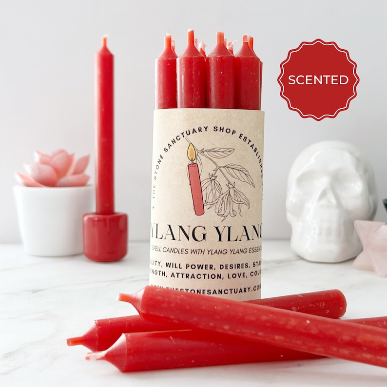 Ylang Ylang Red Spell Candles, 5 Red Chime Candles, Witch Candles for Spells, Ritual Candles, Small Bulk Candles, Red Candles, Love, Magic image 1