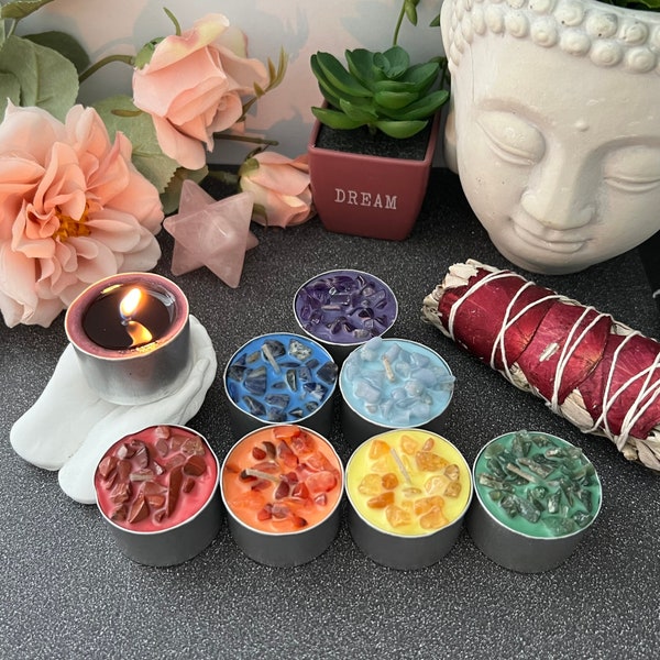 Tealight Candles - Set of 7 Unscented T-lights for Chakras, Energy Work, Magic, Decor, Ritual & Spell Casting, Crystal Chips Optional