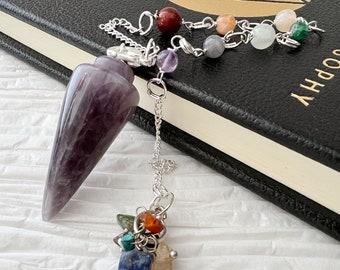 Amethyst Pendulum | Teardrop Amethyst Crystal Pendulum w/Chakra Chain | Dream Amethyst Dowsing Pendulum | Witches Pendulum | Crown Chakra