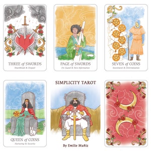 May include: A collection of tarot cards featuring watercolor illustrations. The cards include images of swords, coins, and figures in various settings. The text on the cards reads "THREE of SWORDS", "PAGE of SWORDS", "SEVEN of COINS", "QUEEN of COINS", and "SIMPLICITY TAROT".