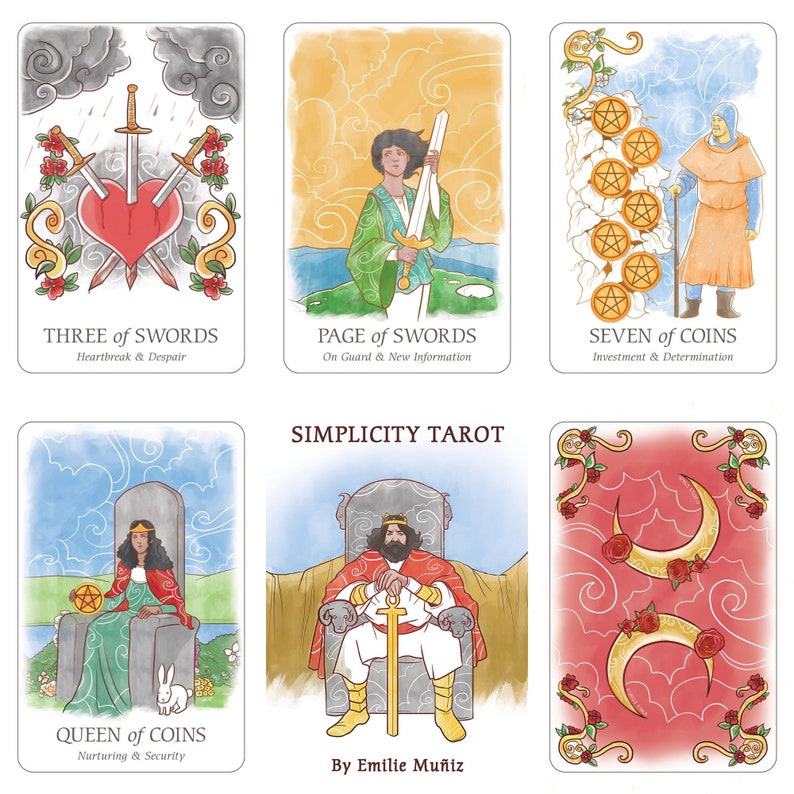 May include: A collection of tarot cards featuring watercolor illustrations. The cards include images of swords, coins, and figures in various settings. The text on the cards reads "THREE of SWORDS", "PAGE of SWORDS", "SEVEN of COINS", "QUEEN of COINS", and "SIMPLICITY TAROT".
