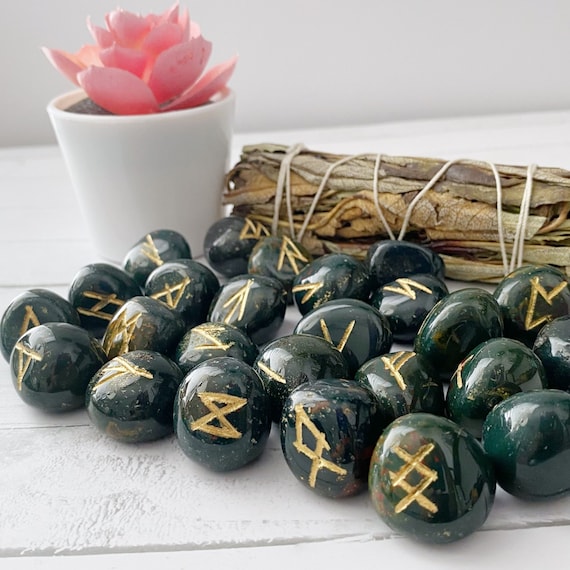 Bloodstone Runes | Bloodstone Crystal Rune Set | Set of 25 Bloodstone Elder Futhark Runes | Norse Runes, Viking Runes, Pagan, Divination
