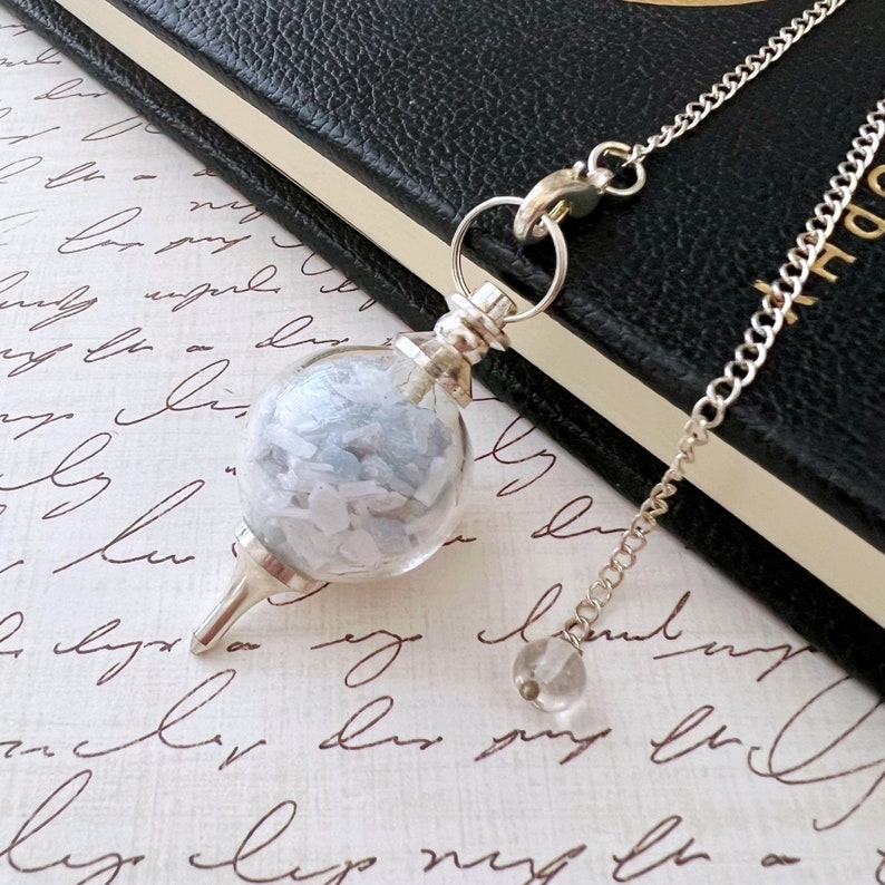 Angelite & Selenite Pendulum | Round Glass Sephoroton Pendulum w/Angelite and Selenite Chips | Sephiroth Dowsing Pendulum image 1