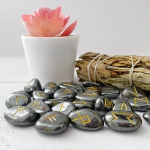 Hematite Runes | Hematite Rune Set | Set of 25 Hematite Elder Futhark ...