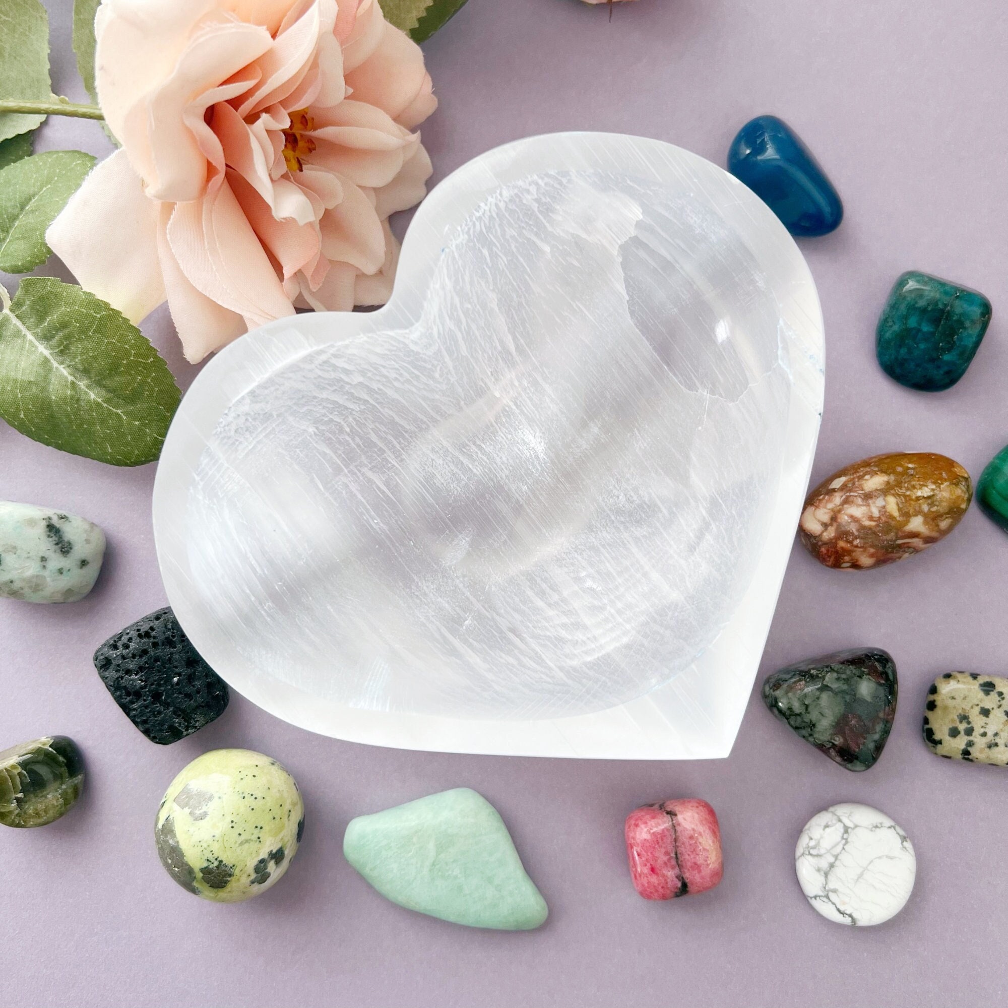 XL Selenite Charging Bowl - Hand Carved Peach Crystal Heart Bowl From Morocco, Reiki Charged