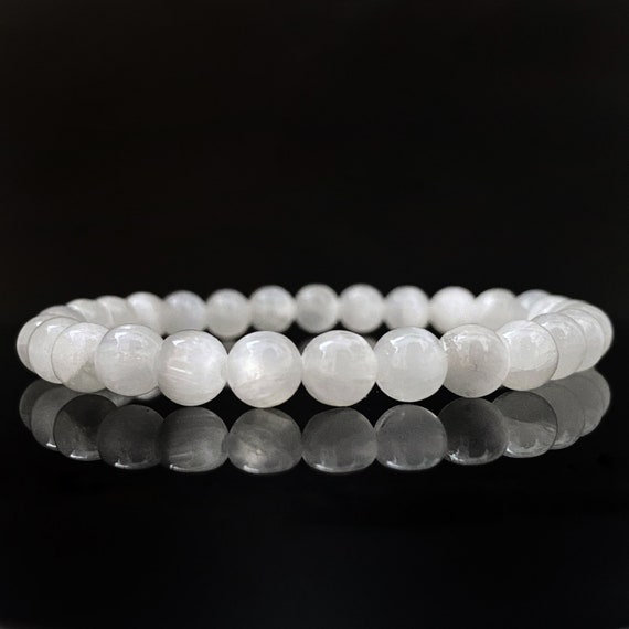 8mm Selenite Beaded Bracelet: Polished Crystal Gemstone Stretch Jewelry for Avergae Wrists