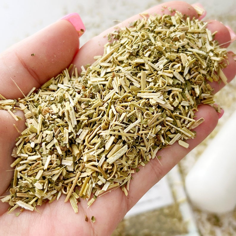 May include: A close-up of a hand holding a pile of dried herbs. The herbs are a mix of green and yellow, and they appear to be chopped or shredded.