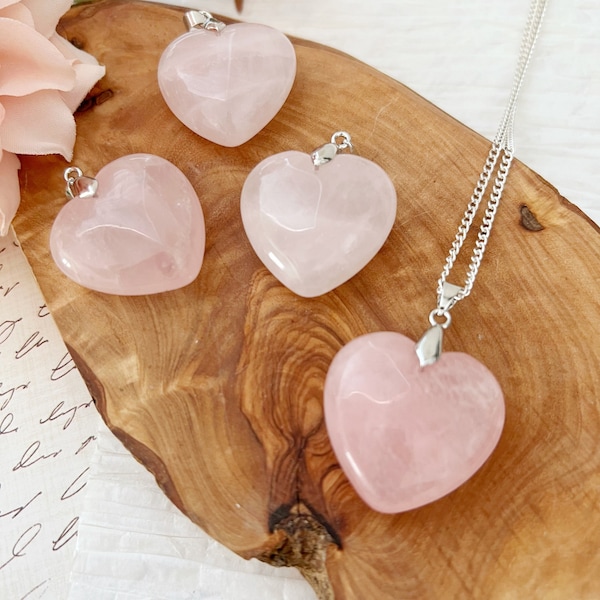 Rose Quartz Crystal Heart Pendant Necklace, 1" Rose Quartz Heart Charm, Shop Metaphysical Crystals, Valentine's Day Gift, Gift for Her, Mom