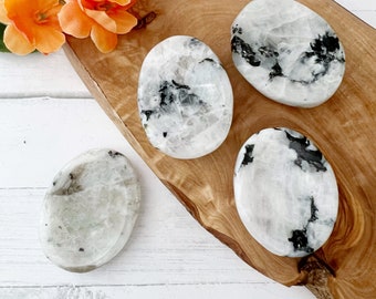 Rainbow Moonstone Worry Stone | Polished Oval Shaped Rainbow Moonstone Crystal Touchstone | Shop Metaphysical Crystals for Crown Chakra