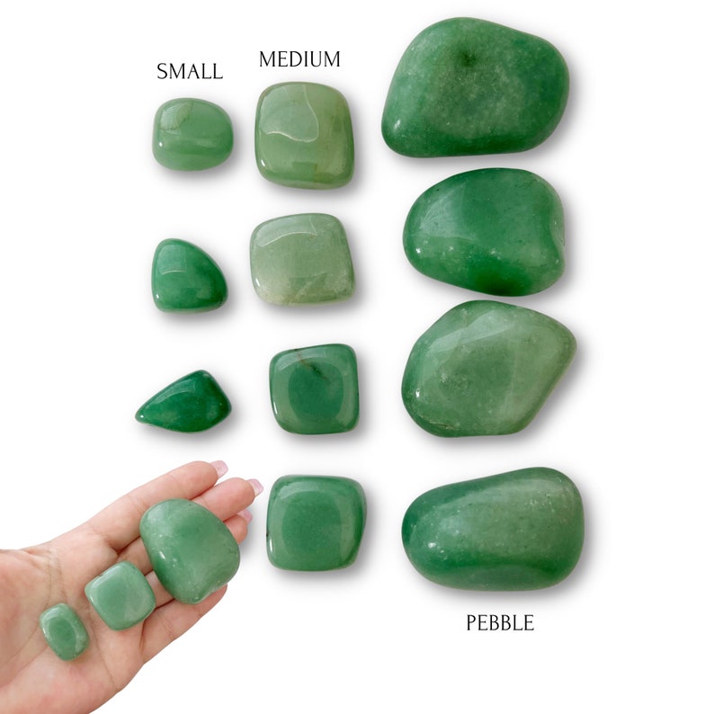May include: Assortment of green jade stones in various sizes, labeled "Small", "Medium", and "Pebble".