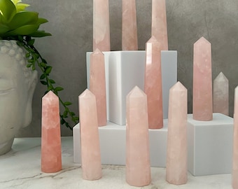 Rose Quartz Point | 2-3" Grade A Polished Rose Quartz Crystal Tower | 6 Sided Hexagonal Rose Quarts Obelisk Standing Point Energy Generator