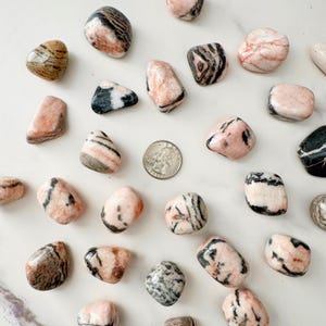 May include: A collection of polished stones in shades of pink, brown, black, and white, scattered on a white surface. A US quarter coin is included for size reference. The stones vary in shape and have unique patterns and textures.