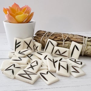 May include: A collection of off-white rune stones with black etched symbols. The stones are arranged on a white surface, next to a small white pot with an orange succulent and a bundle of dried sage.