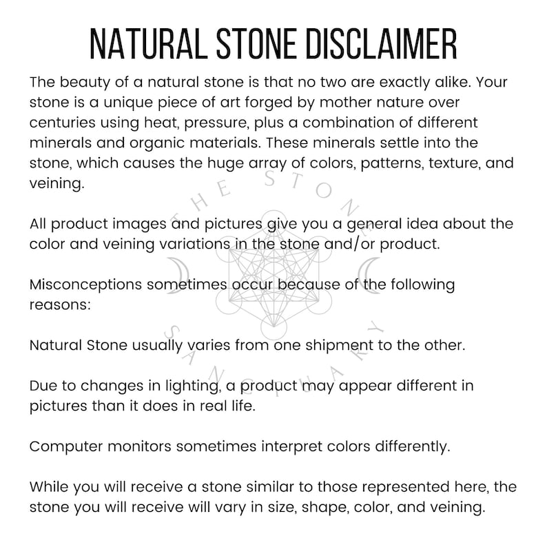 Puede incluir: Descargo de responsabilidad de piedra natural que explica que cada piedra es &uacute;nica y puede variar en color, patr&oacute;n y vetas. El texto tambi&eacute;n menciona que las im&aacute;genes de los productos son para referencia general y que los monitores de computadora pueden mostrar los colores de manera diferente.
