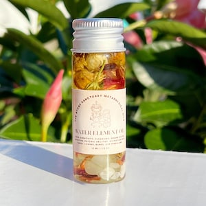 May include: A small glass bottle filled with a clear liquid and dried flowers. The bottle has a silver lid and a label that reads "The Stone Sanctuary Metaphysical Oils Water Element Oil" with the text "18 ML 1/2 OZ".