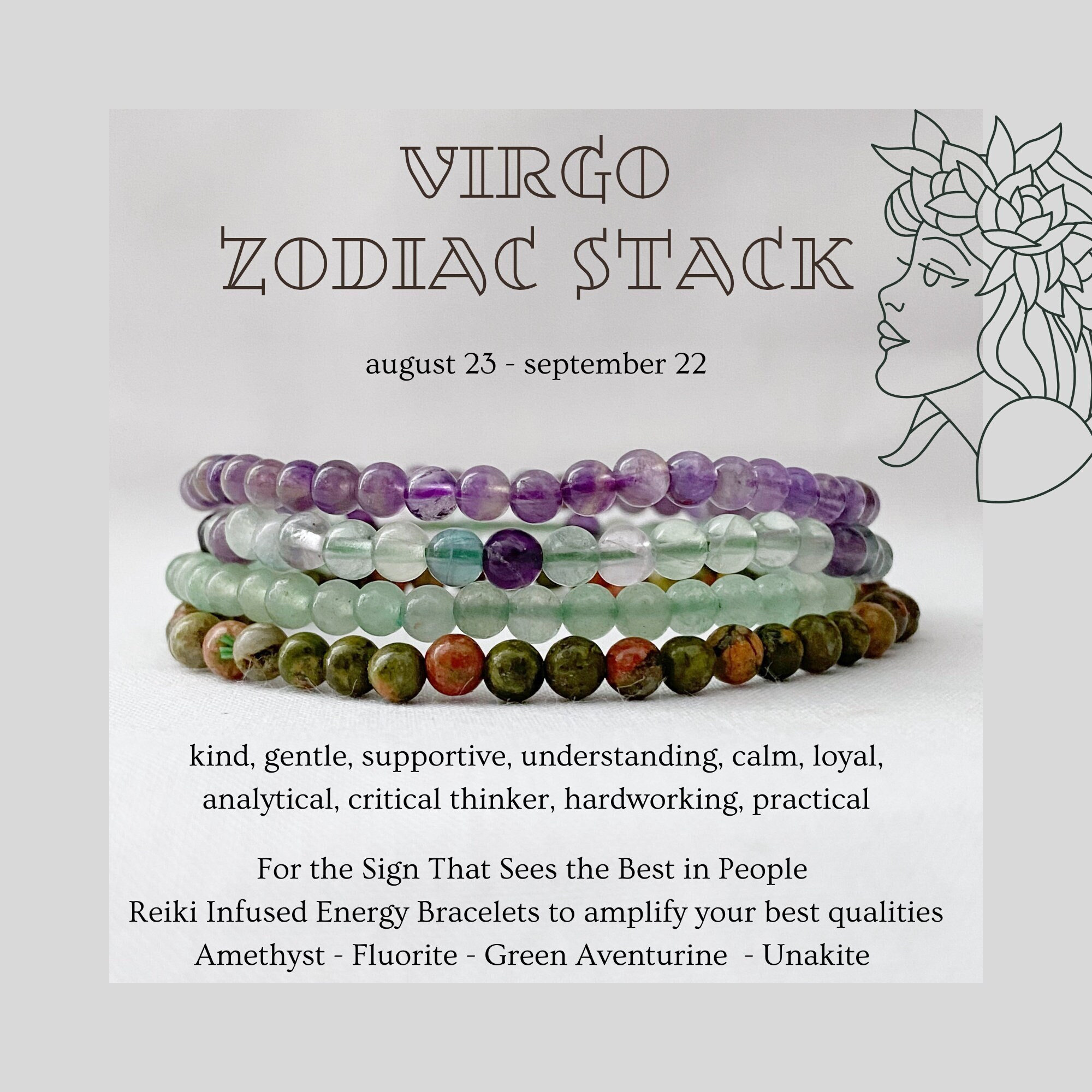 Virgo Bracelet Set, Virgo Crystal Beaded Bracelets, Virgo Zodiac 