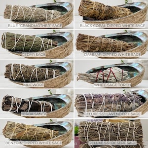 May include: Assortment of white sage smudge sticks, including "Grandmother" sage, cedar sage, mugwort, yerba santa, and white sage torch. Also included are black copal dipped white sage, dammar dipped white sage, deluxe 5.5 inch lavender and sage, and deluxe 5.5 inch desert sage.