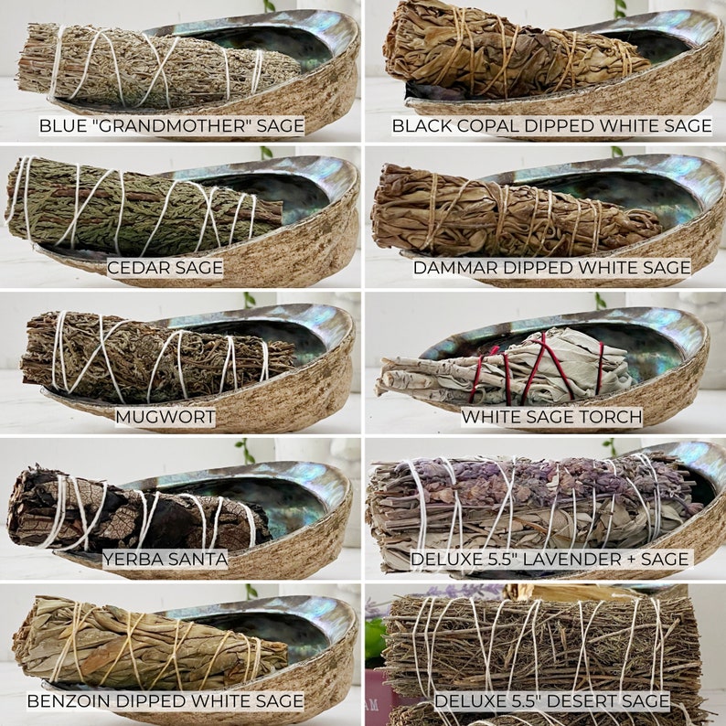 May include: Assortment of white sage smudge sticks, including "Grandmother" sage, cedar sage, mugwort, yerba santa, and white sage torch. Also included are black copal dipped white sage, dammar dipped white sage, deluxe 5.5 inch lavender and sage, and deluxe 5.5 inch desert sage.