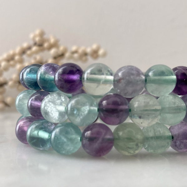8mm Fluorite Beaded Bracelet | Polished Rainbow Fluorite Gemstone Bead Stretch Bracelet | Shop Metaphysical Crystal Bracelets