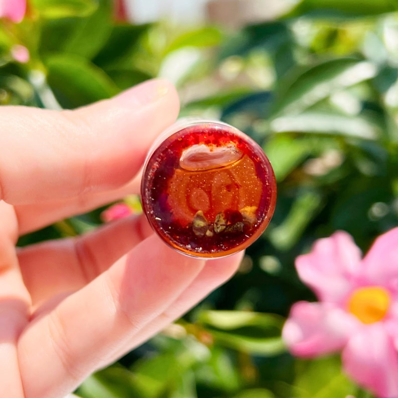 May include: A close-up of a round, clear bottle stopper with a reddish-brown resin top. The resin contains small, golden-coloured inclusions. The stopper is held against a blurred background of green foliage and pink flowers.