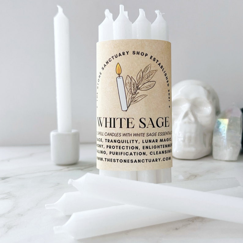 White Sage White Spell Candles, 5 Scented White Sage Chime Candles, Witch Candles, Ritual Candles, Small Bulk Candles, Candles for Peace image 2