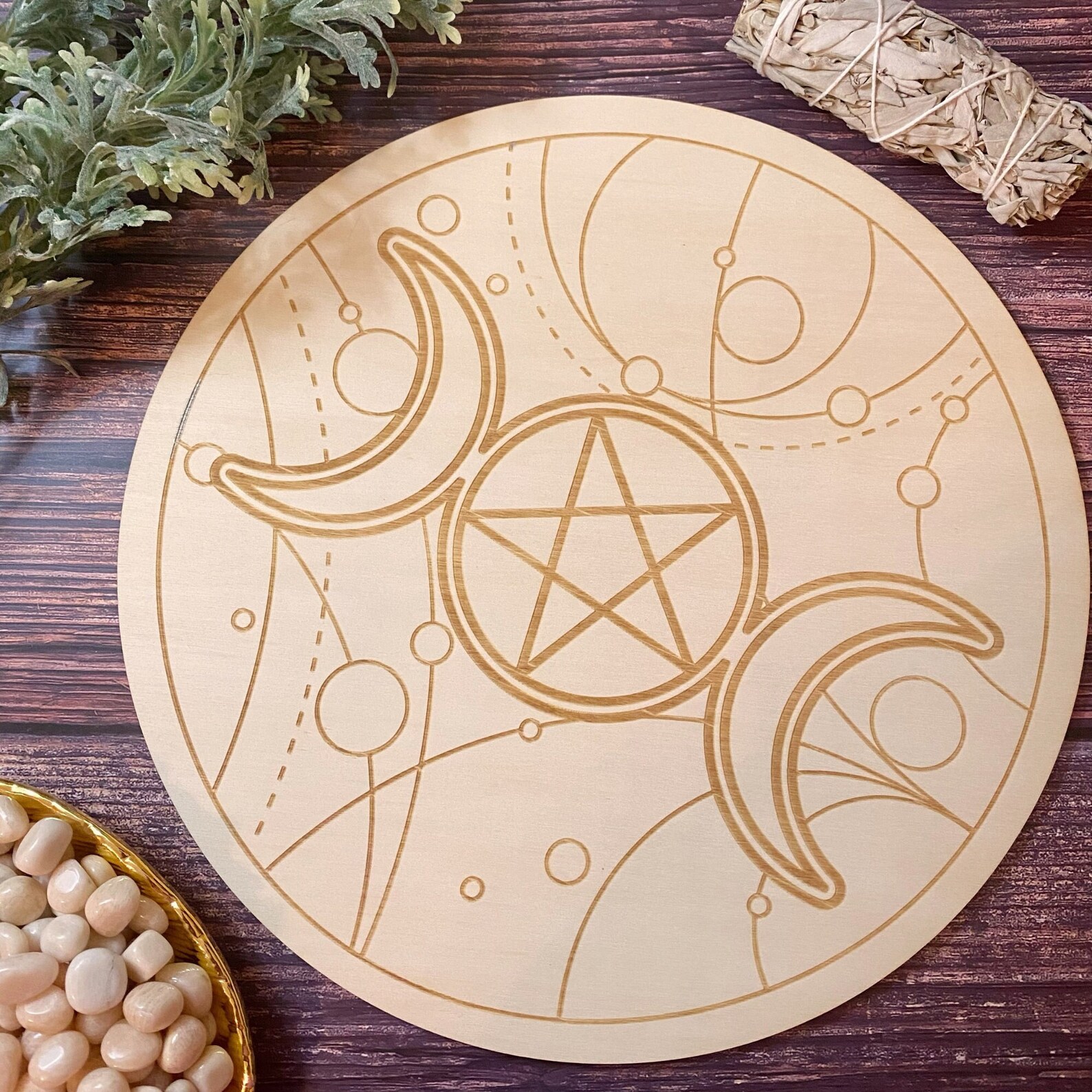 Triple Moon Wall Art Triple Goddess Crystal Grid Pentagram Etsy